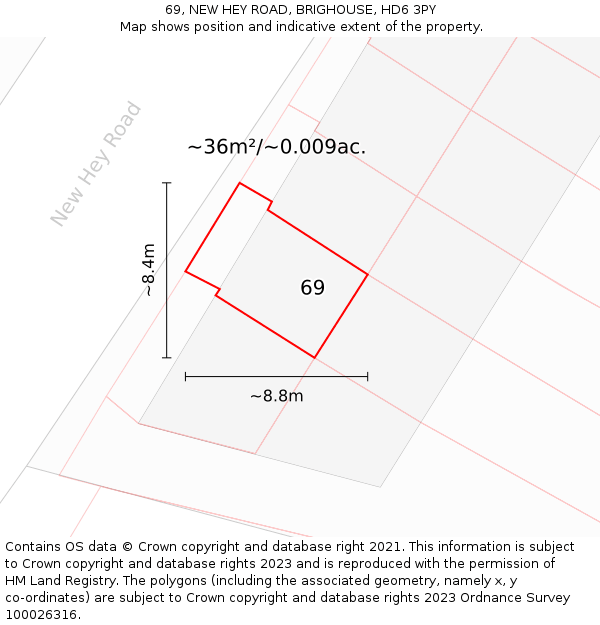 69, NEW HEY ROAD, BRIGHOUSE, HD6 3PY: Plot and title map