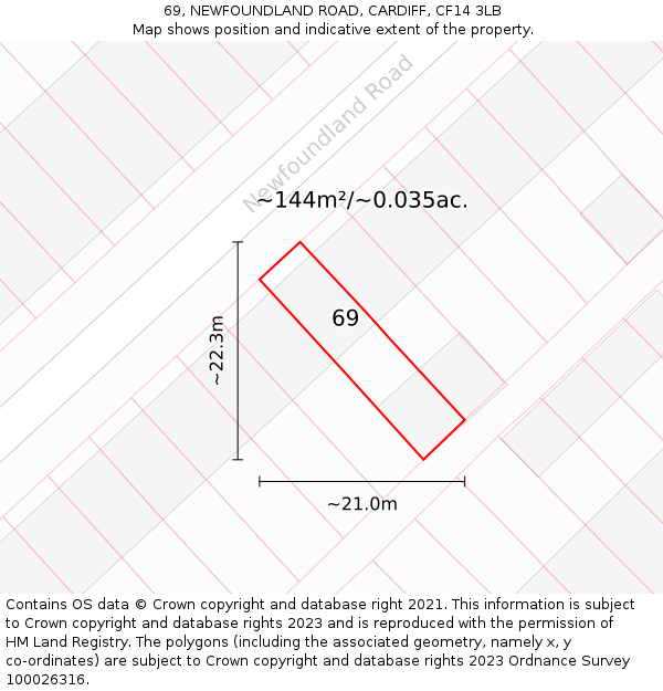 69, NEWFOUNDLAND ROAD, CARDIFF, CF14 3LB: Plot and title map