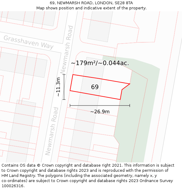 69, NEWMARSH ROAD, LONDON, SE28 8TA: Plot and title map