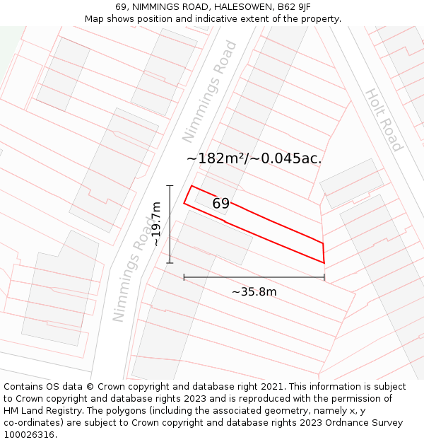 69, NIMMINGS ROAD, HALESOWEN, B62 9JF: Plot and title map