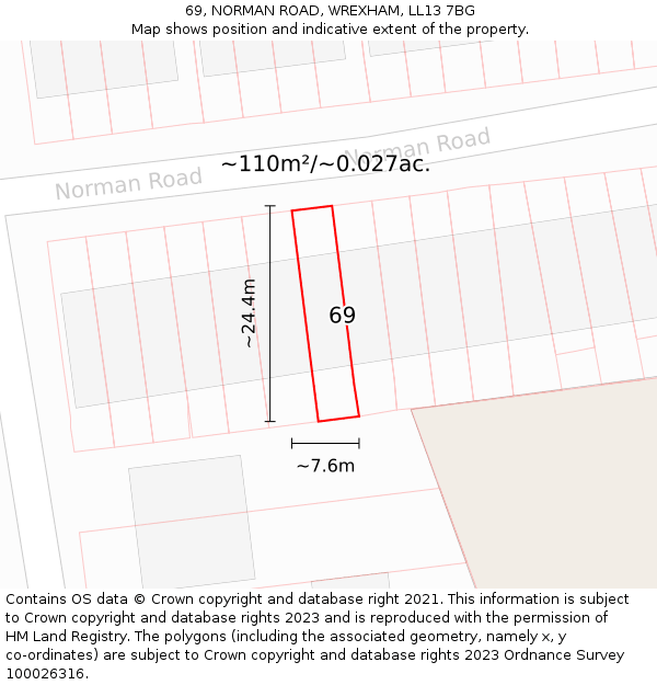 69, NORMAN ROAD, WREXHAM, LL13 7BG: Plot and title map