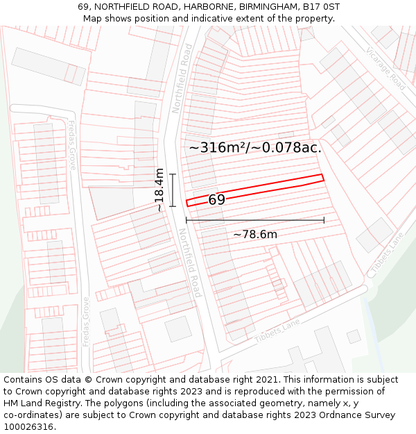 69, NORTHFIELD ROAD, HARBORNE, BIRMINGHAM, B17 0ST: Plot and title map