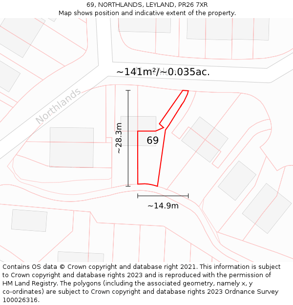 69, NORTHLANDS, LEYLAND, PR26 7XR: Plot and title map