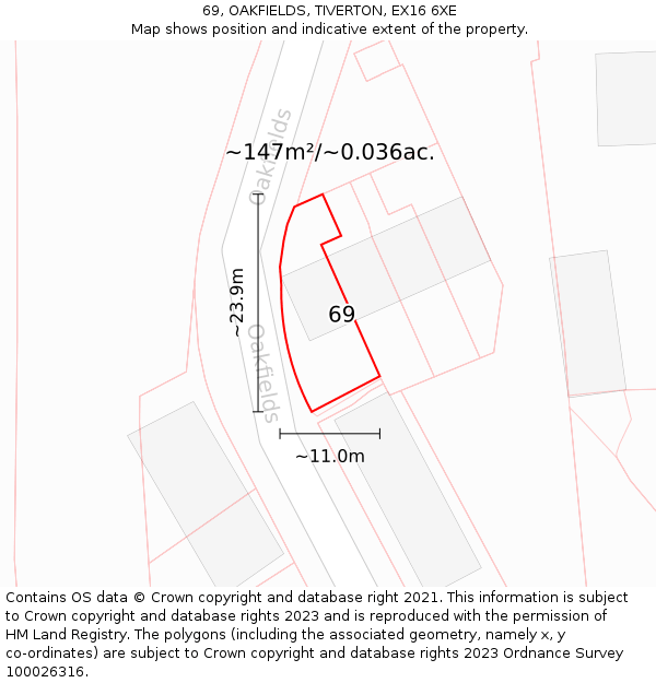 69, OAKFIELDS, TIVERTON, EX16 6XE: Plot and title map