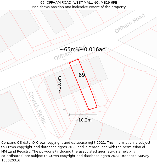 69, OFFHAM ROAD, WEST MALLING, ME19 6RB: Plot and title map