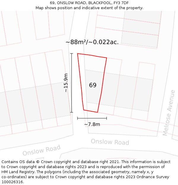 69, ONSLOW ROAD, BLACKPOOL, FY3 7DF: Plot and title map