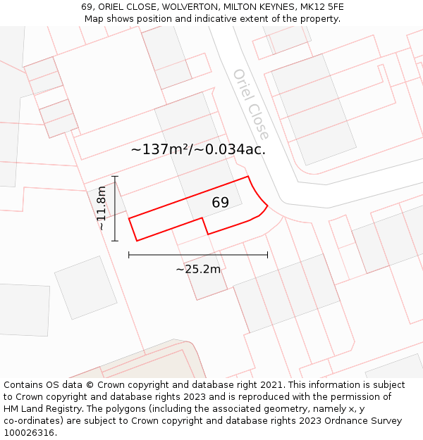 69, ORIEL CLOSE, WOLVERTON, MILTON KEYNES, MK12 5FE: Plot and title map