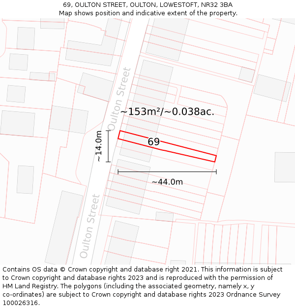 69, OULTON STREET, OULTON, LOWESTOFT, NR32 3BA: Plot and title map