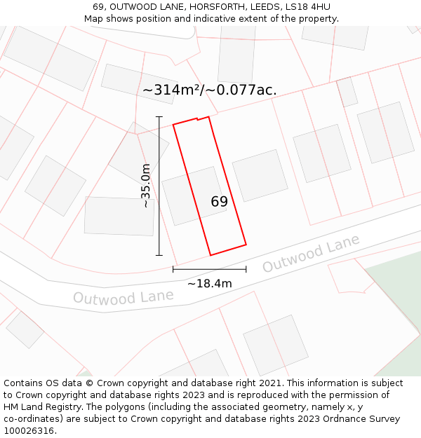69, OUTWOOD LANE, HORSFORTH, LEEDS, LS18 4HU: Plot and title map