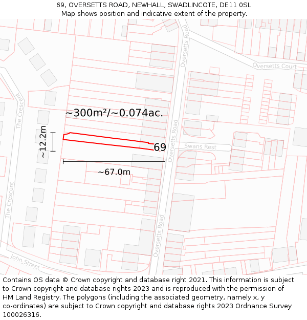 69, OVERSETTS ROAD, NEWHALL, SWADLINCOTE, DE11 0SL: Plot and title map