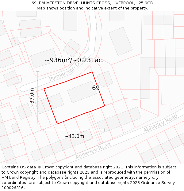 69, PALMERSTON DRIVE, HUNTS CROSS, LIVERPOOL, L25 9GD: Plot and title map