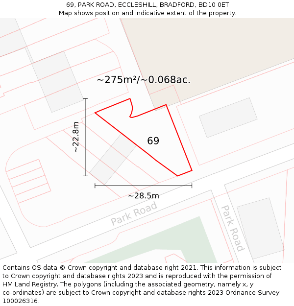 69, PARK ROAD, ECCLESHILL, BRADFORD, BD10 0ET: Plot and title map