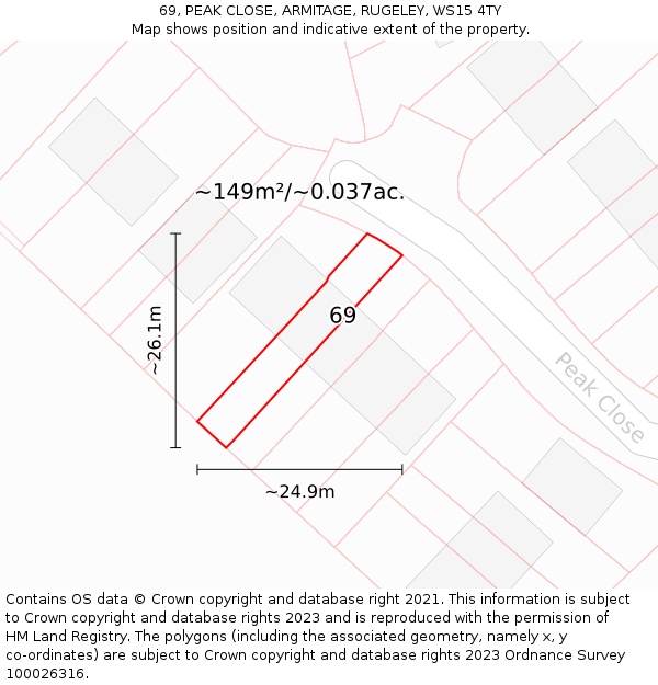 69, PEAK CLOSE, ARMITAGE, RUGELEY, WS15 4TY: Plot and title map