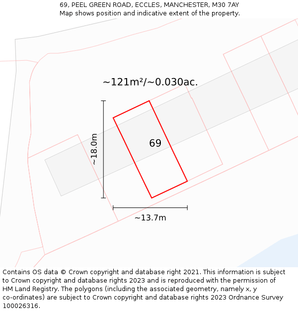 69, PEEL GREEN ROAD, ECCLES, MANCHESTER, M30 7AY: Plot and title map