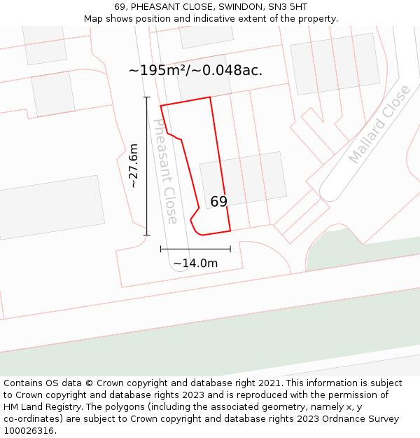 69, PHEASANT CLOSE, SWINDON, SN3 5HT: Plot and title map
