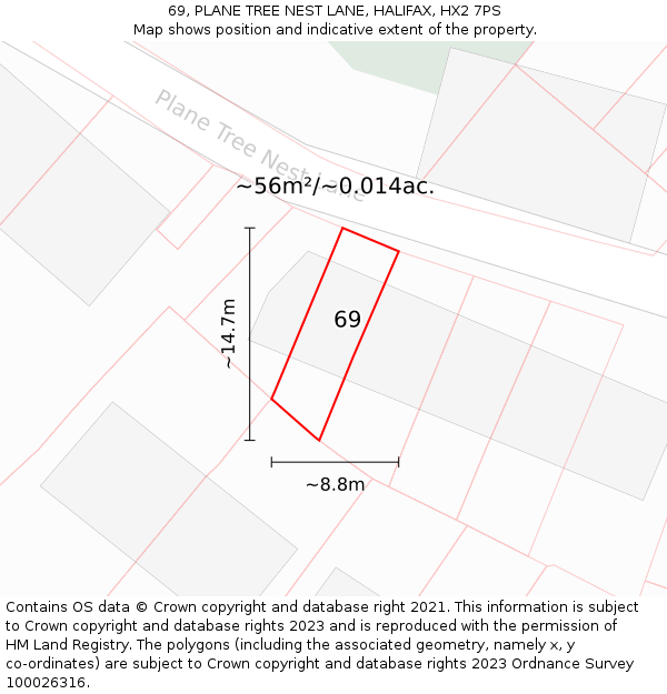 69, PLANE TREE NEST LANE, HALIFAX, HX2 7PS: Plot and title map