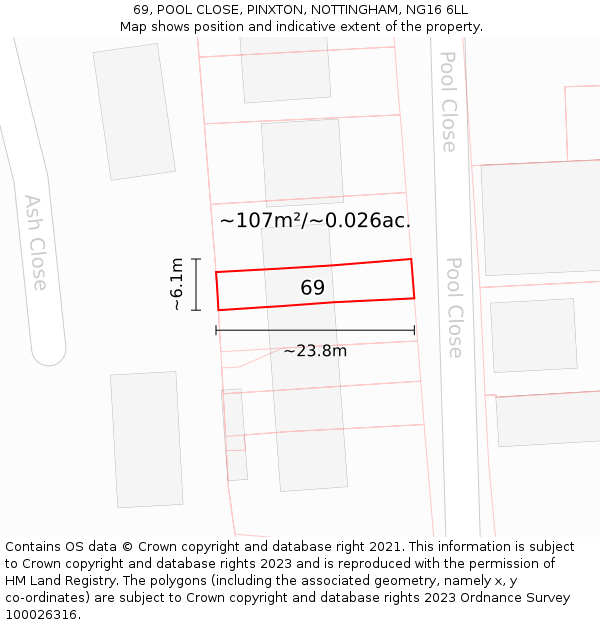 69, POOL CLOSE, PINXTON, NOTTINGHAM, NG16 6LL: Plot and title map