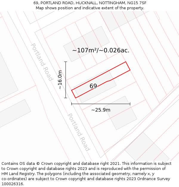 69, PORTLAND ROAD, HUCKNALL, NOTTINGHAM, NG15 7SF: Plot and title map