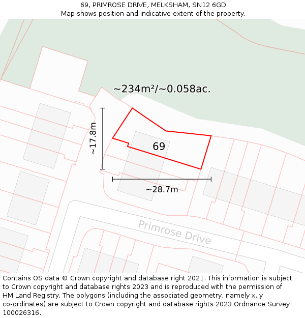 69, PRIMROSE DRIVE, MELKSHAM, SN12 6GD: Plot and title map