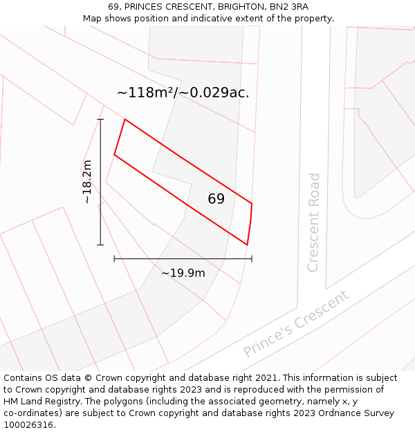 69, PRINCES CRESCENT, BRIGHTON, BN2 3RA: Plot and title map