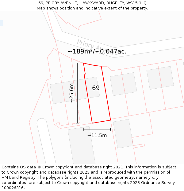 69, PRIORY AVENUE, HAWKSYARD, RUGELEY, WS15 1LQ: Plot and title map