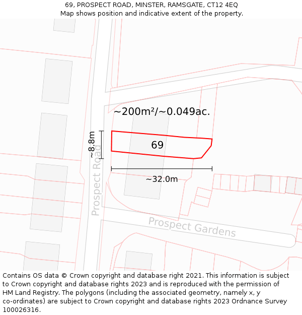 69, PROSPECT ROAD, MINSTER, RAMSGATE, CT12 4EQ: Plot and title map