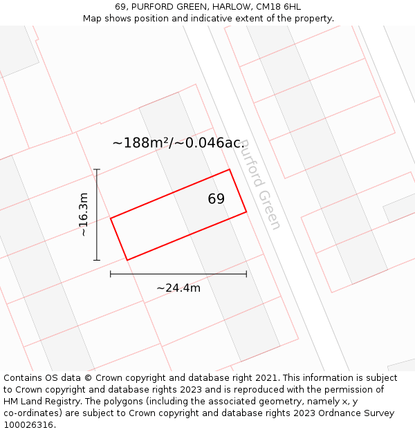 69, PURFORD GREEN, HARLOW, CM18 6HL: Plot and title map