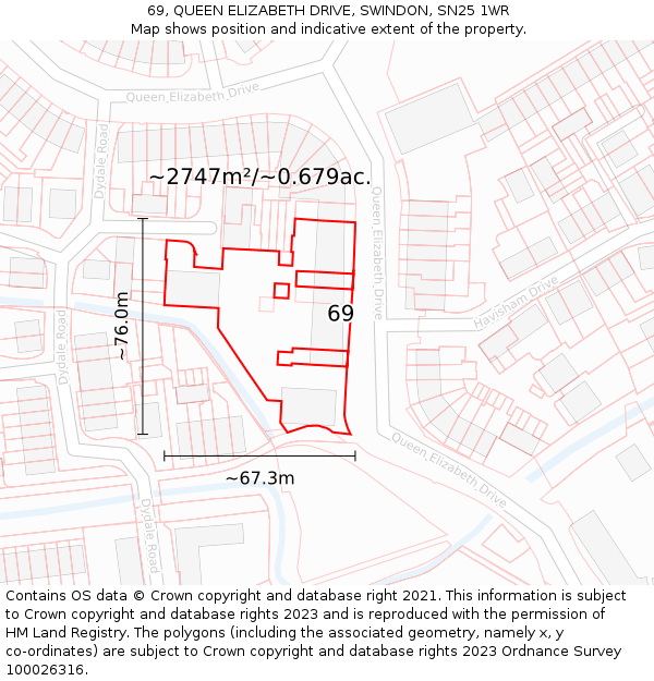 69, QUEEN ELIZABETH DRIVE, SWINDON, SN25 1WR: Plot and title map
