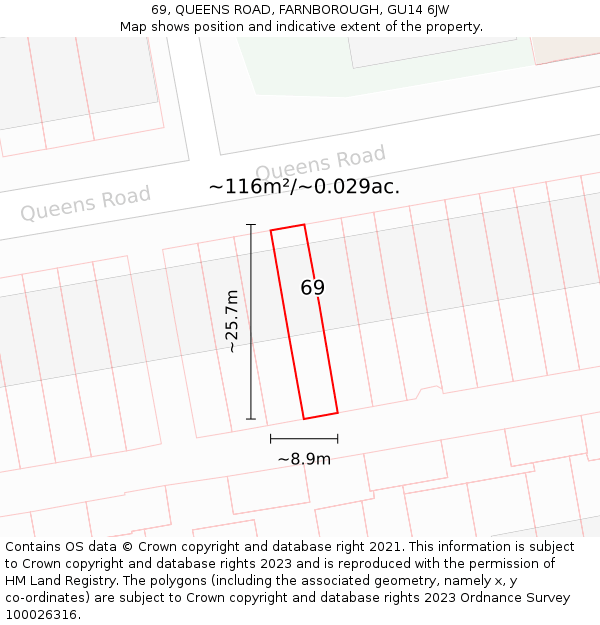 69, QUEENS ROAD, FARNBOROUGH, GU14 6JW: Plot and title map