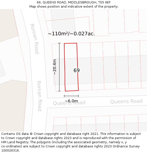 69, QUEENS ROAD, MIDDLESBROUGH, TS5 6EF: Plot and title map