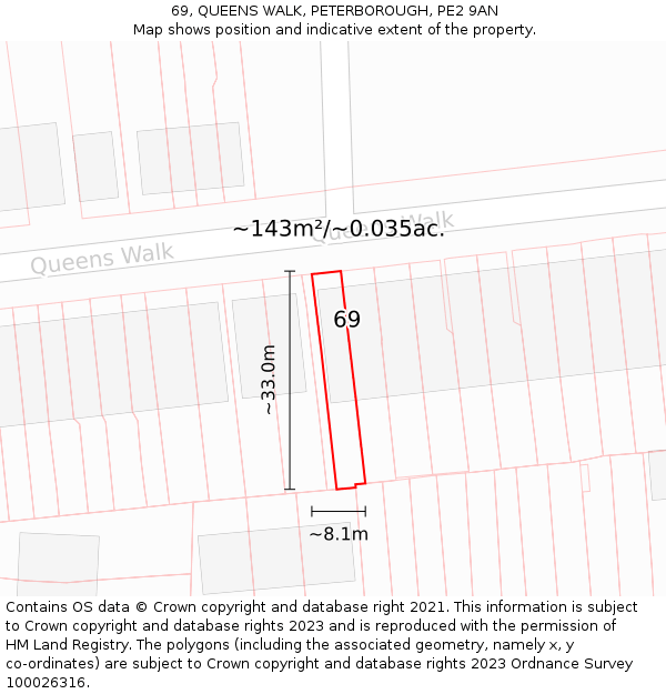 69, QUEENS WALK, PETERBOROUGH, PE2 9AN: Plot and title map