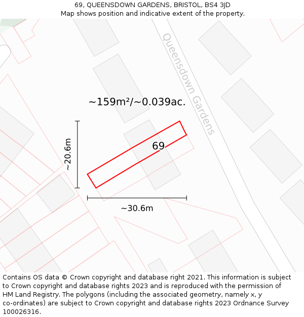 69, QUEENSDOWN GARDENS, BRISTOL, BS4 3JD: Plot and title map