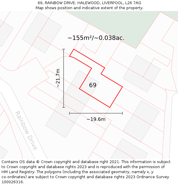 69, RAINBOW DRIVE, HALEWOOD, LIVERPOOL, L26 7AG: Plot and title map