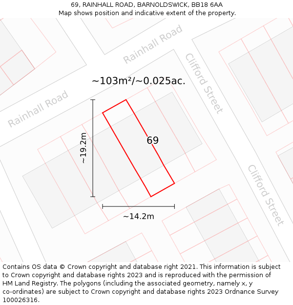 69, RAINHALL ROAD, BARNOLDSWICK, BB18 6AA: Plot and title map