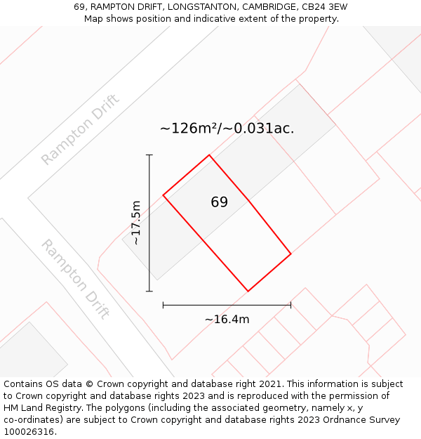 69, RAMPTON DRIFT, LONGSTANTON, CAMBRIDGE, CB24 3EW: Plot and title map