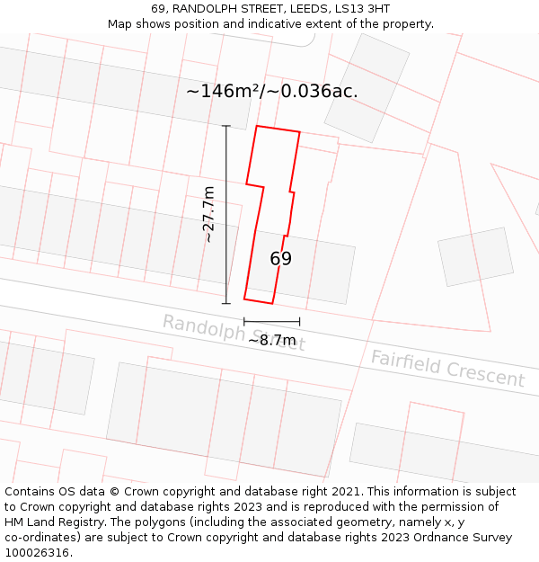 69, RANDOLPH STREET, LEEDS, LS13 3HT: Plot and title map