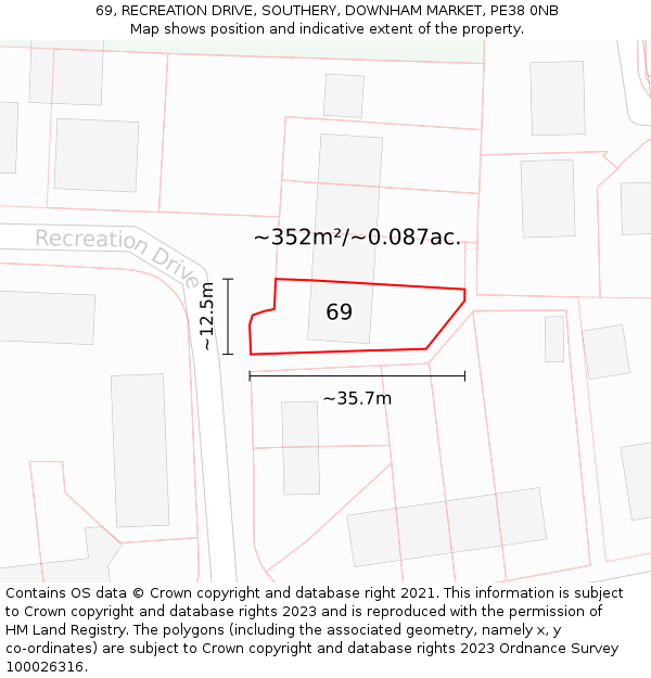 69, RECREATION DRIVE, SOUTHERY, DOWNHAM MARKET, PE38 0NB: Plot and title map