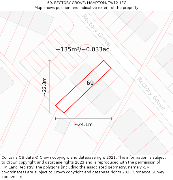 69, RECTORY GROVE, HAMPTON, TW12 1EG: Plot and title map