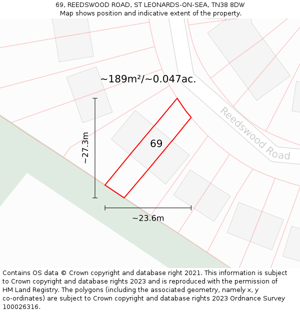 69, REEDSWOOD ROAD, ST LEONARDS-ON-SEA, TN38 8DW: Plot and title map
