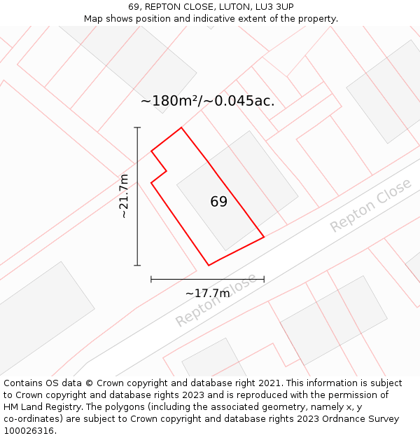 69, REPTON CLOSE, LUTON, LU3 3UP: Plot and title map