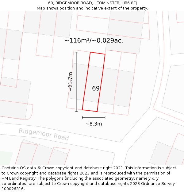 69, RIDGEMOOR ROAD, LEOMINSTER, HR6 8EJ: Plot and title map