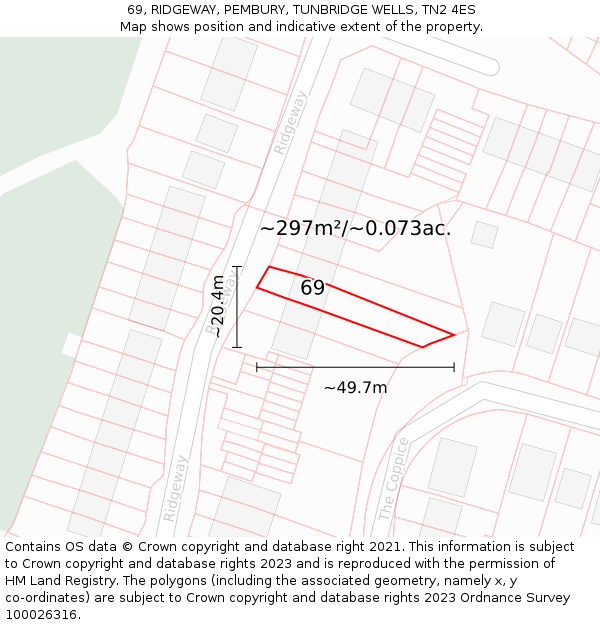 69, RIDGEWAY, PEMBURY, TUNBRIDGE WELLS, TN2 4ES: Plot and title map