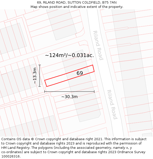 69, RILAND ROAD, SUTTON COLDFIELD, B75 7AN: Plot and title map