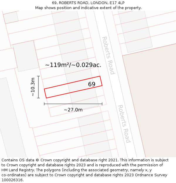 69, ROBERTS ROAD, LONDON, E17 4LP: Plot and title map