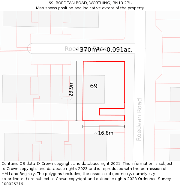 69, ROEDEAN ROAD, WORTHING, BN13 2BU: Plot and title map