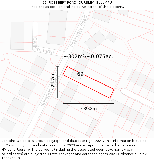 69, ROSEBERY ROAD, DURSLEY, GL11 4PU: Plot and title map