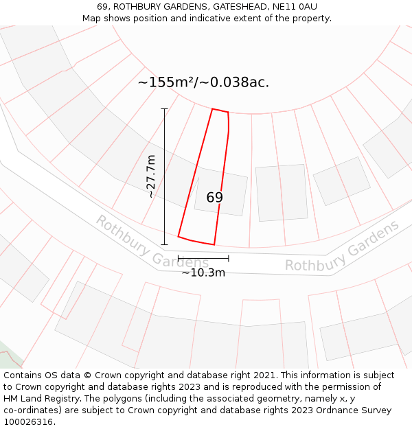 69, ROTHBURY GARDENS, GATESHEAD, NE11 0AU: Plot and title map