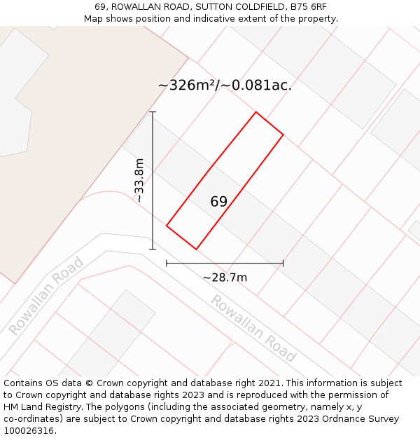 69, ROWALLAN ROAD, SUTTON COLDFIELD, B75 6RF: Plot and title map