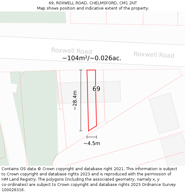 69, ROXWELL ROAD, CHELMSFORD, CM1 2NT: Plot and title map