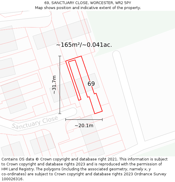69, SANCTUARY CLOSE, WORCESTER, WR2 5PY: Plot and title map